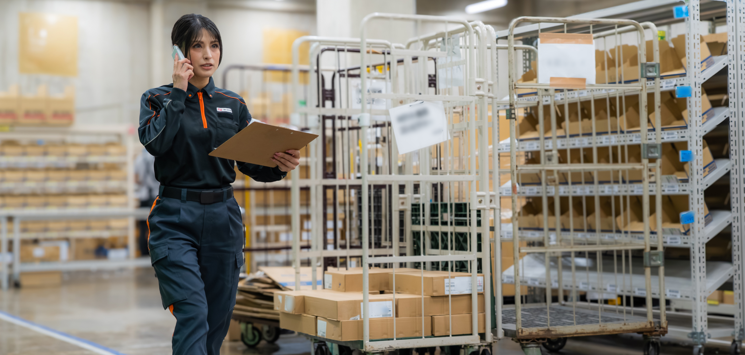 倉庫内で商品をチェックする女性スタッフ